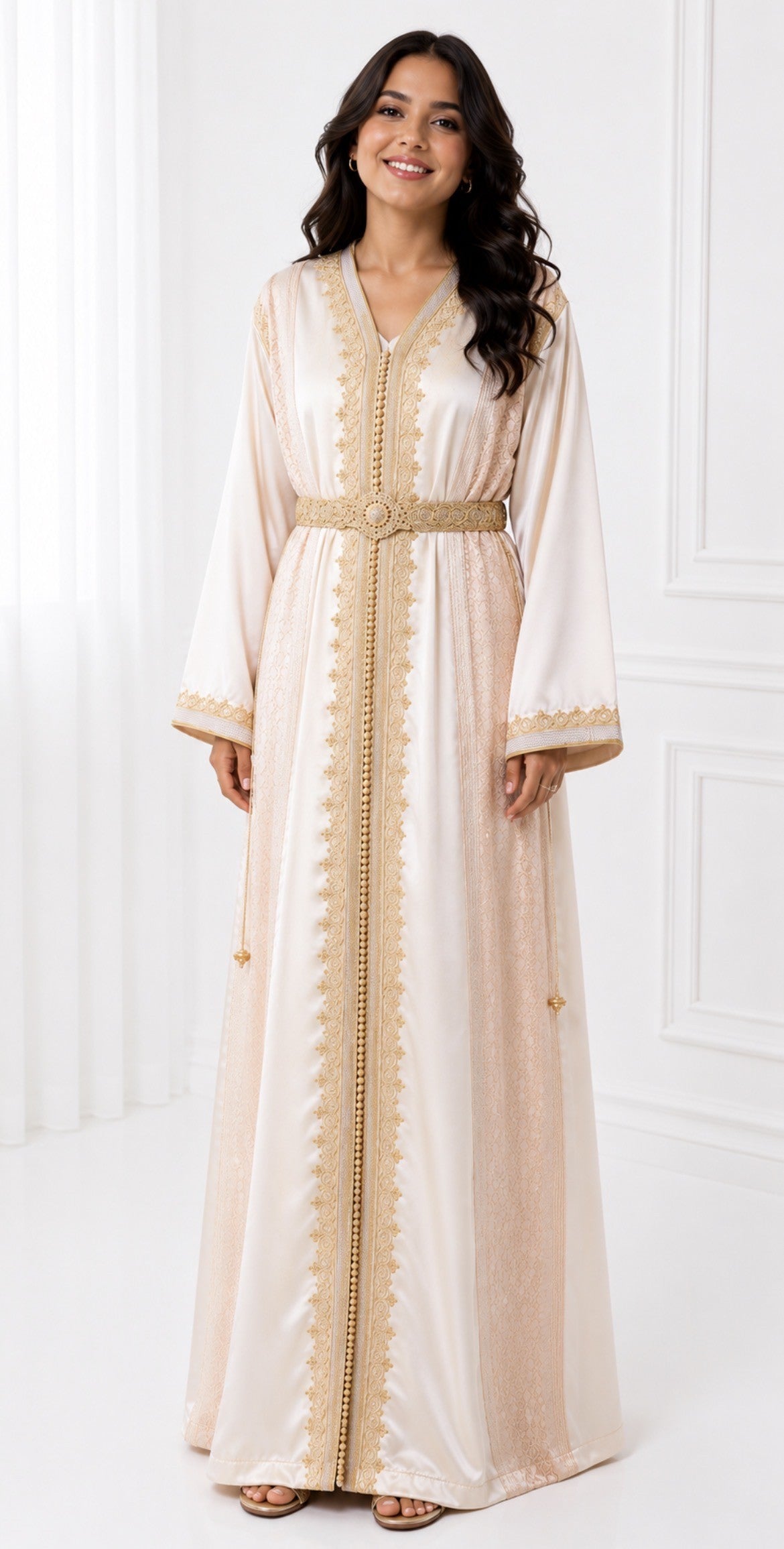 Caftan Johara Rose pale et Blanc Mina