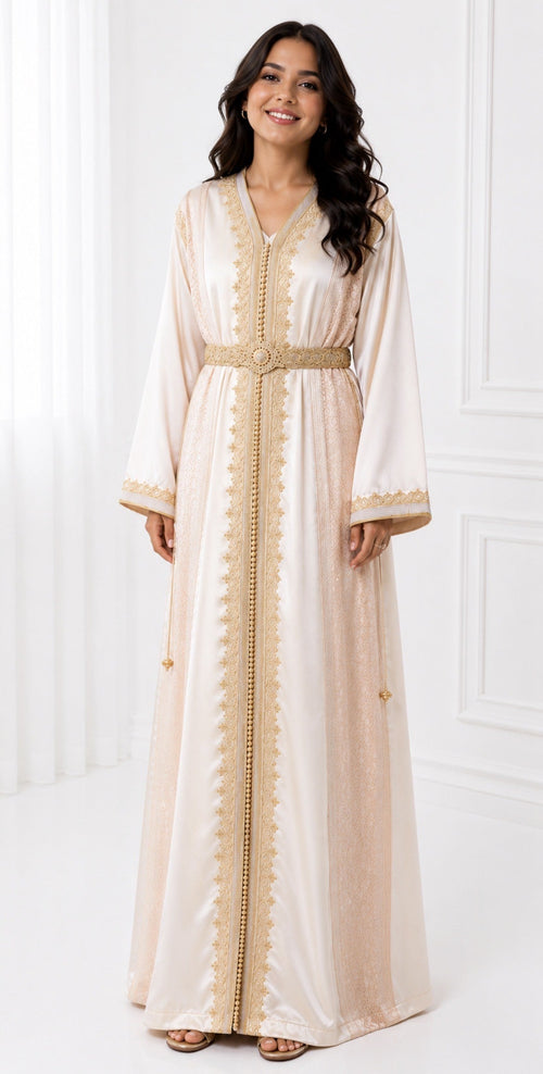 Caftan Johara Rose pale et Blanc Mina