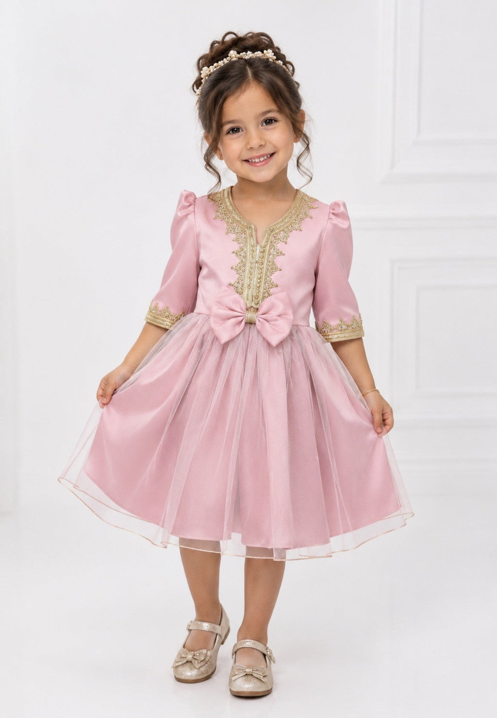 Caftan Kawtar surjupe dentelle Rose poudré