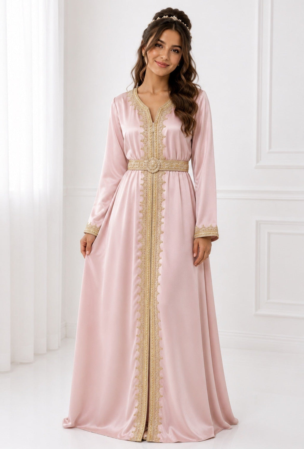 Caftan Kawtar surjupe dentelle Rose poudré